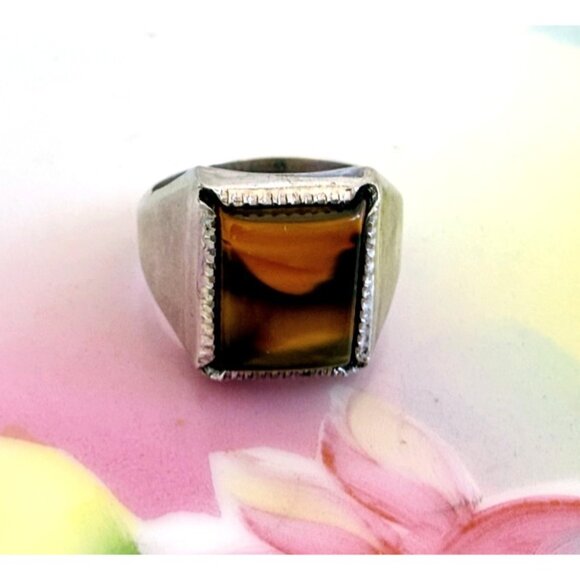 Vintage 60s Wallace Mfg Sterling Silver Ring Banded Picture Agate Size 6 - Picture 3 of 10